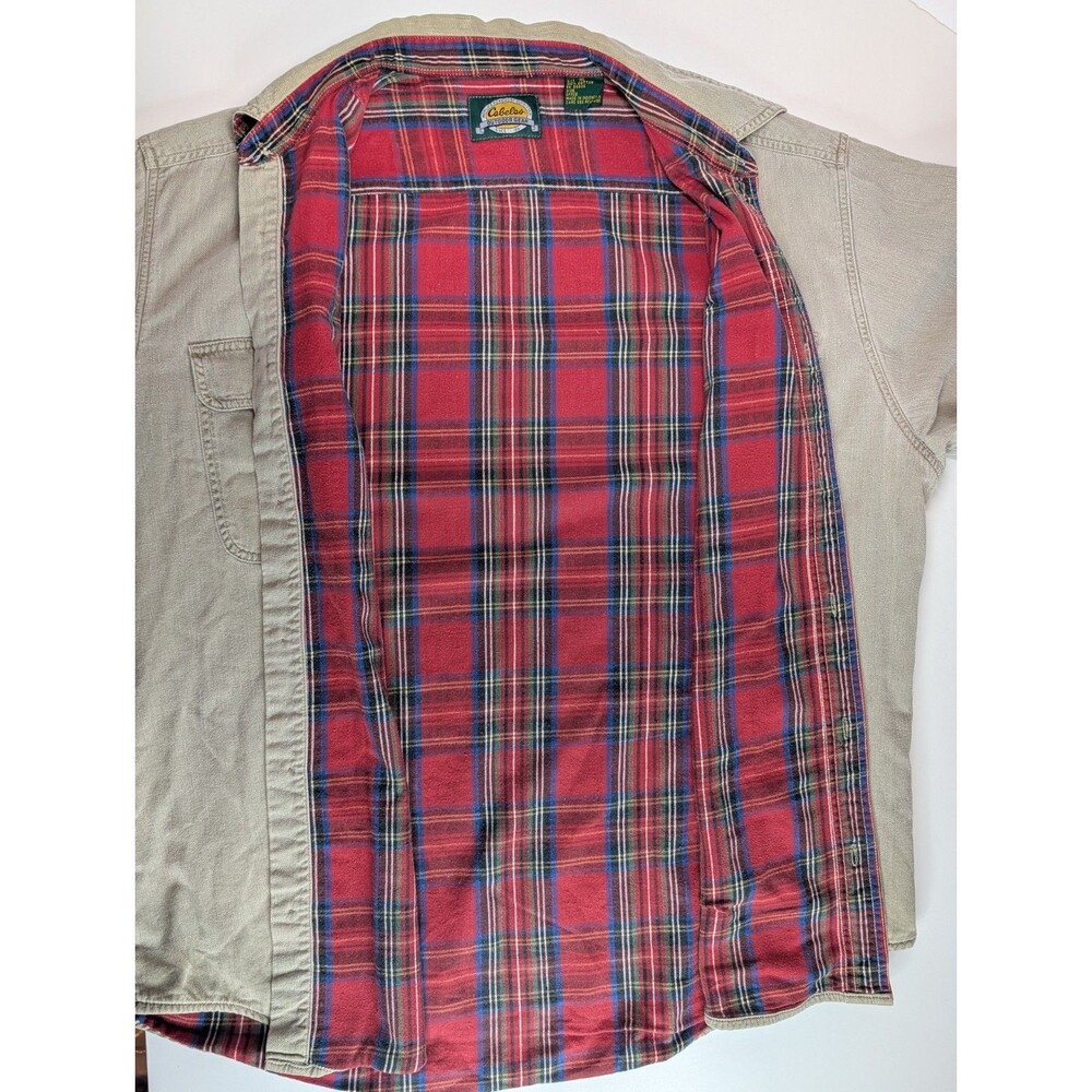 Cabelas Mens XL Flannel Lined Shirt Jacket Khaki Tan Shacket Red Plaid Vintage